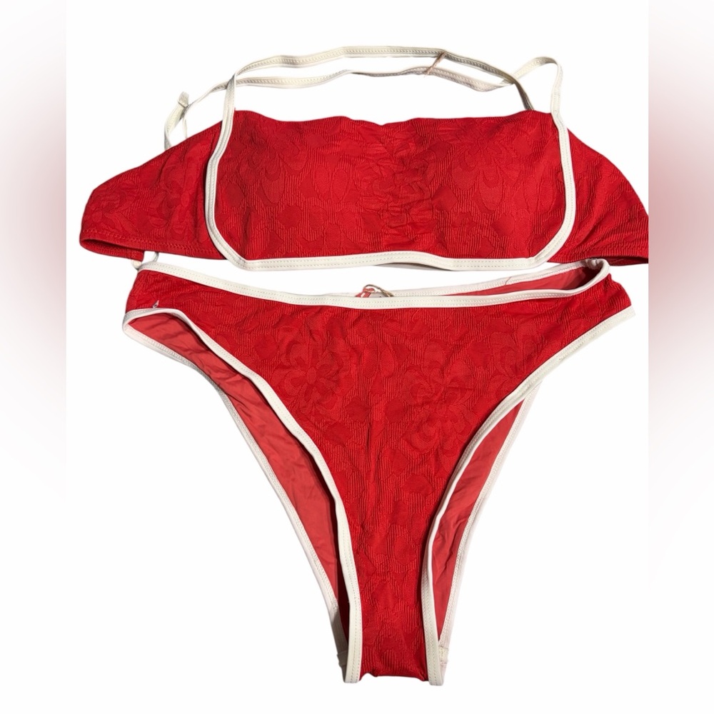 Red Bandeau‎ Bikini Set with White Trim